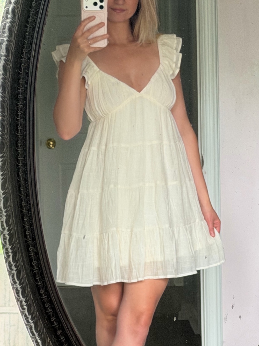 Ivory Ruffle Sleeve Mini Dress - Women's Summer Dress